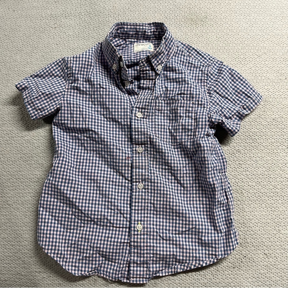 Crewcuts Blue & Pink Checkered Print Short Sleeve Button Down Shirt Size 4-5 GUC